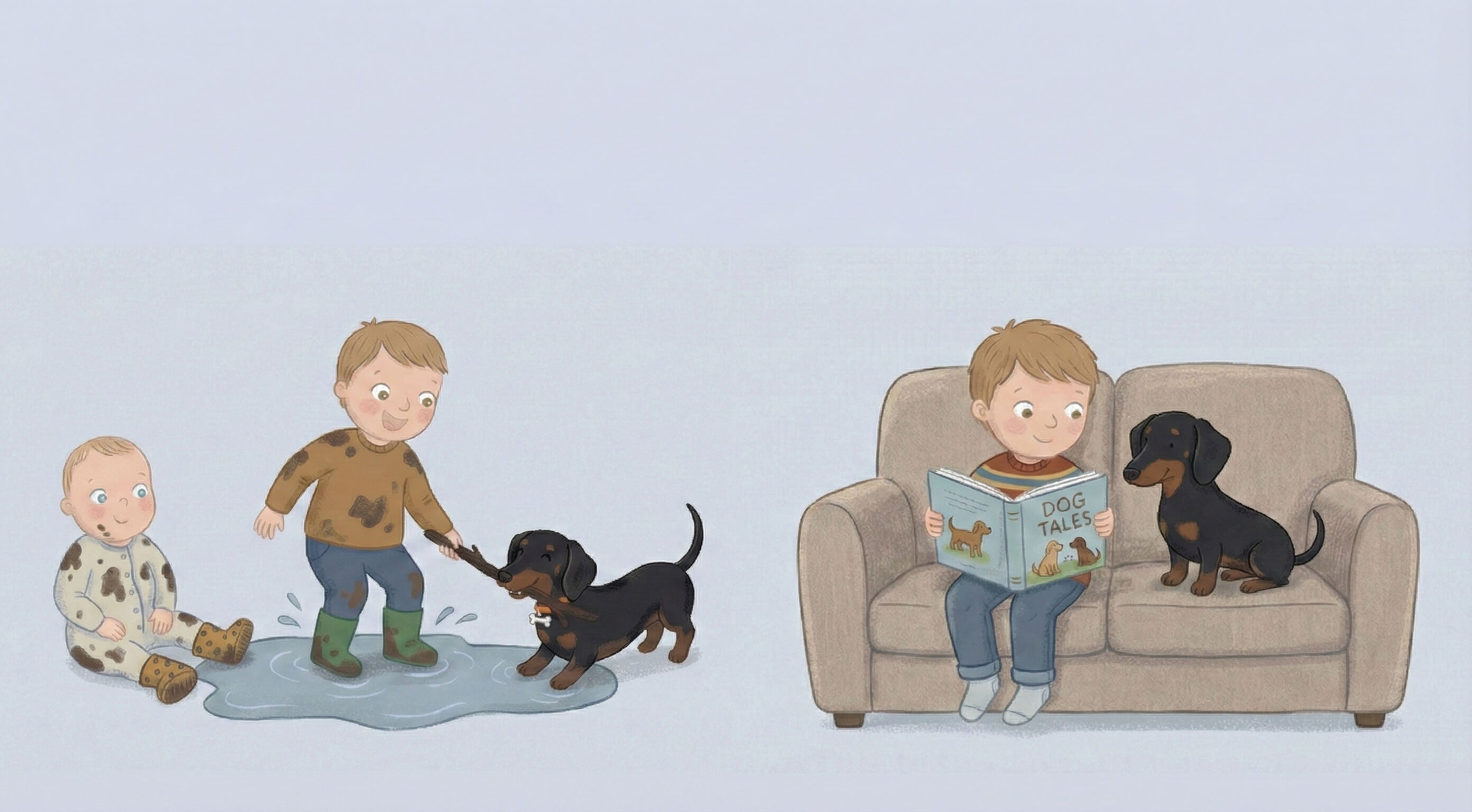 Children of different ages playing with and reading to a dachshund