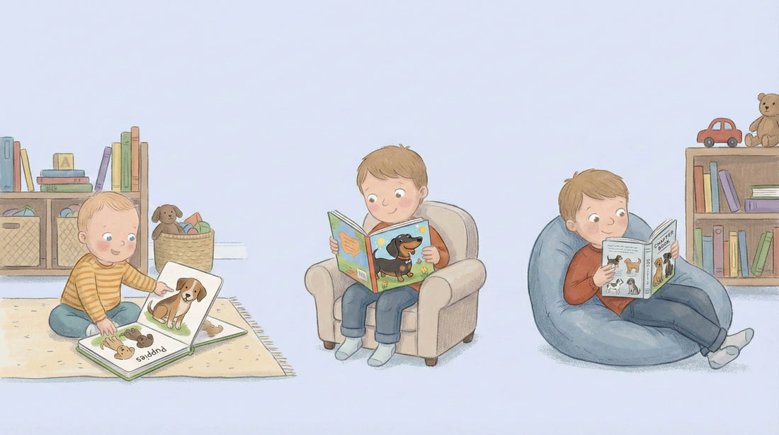 A baby, young child, and older child each reading age-appropriate dog books