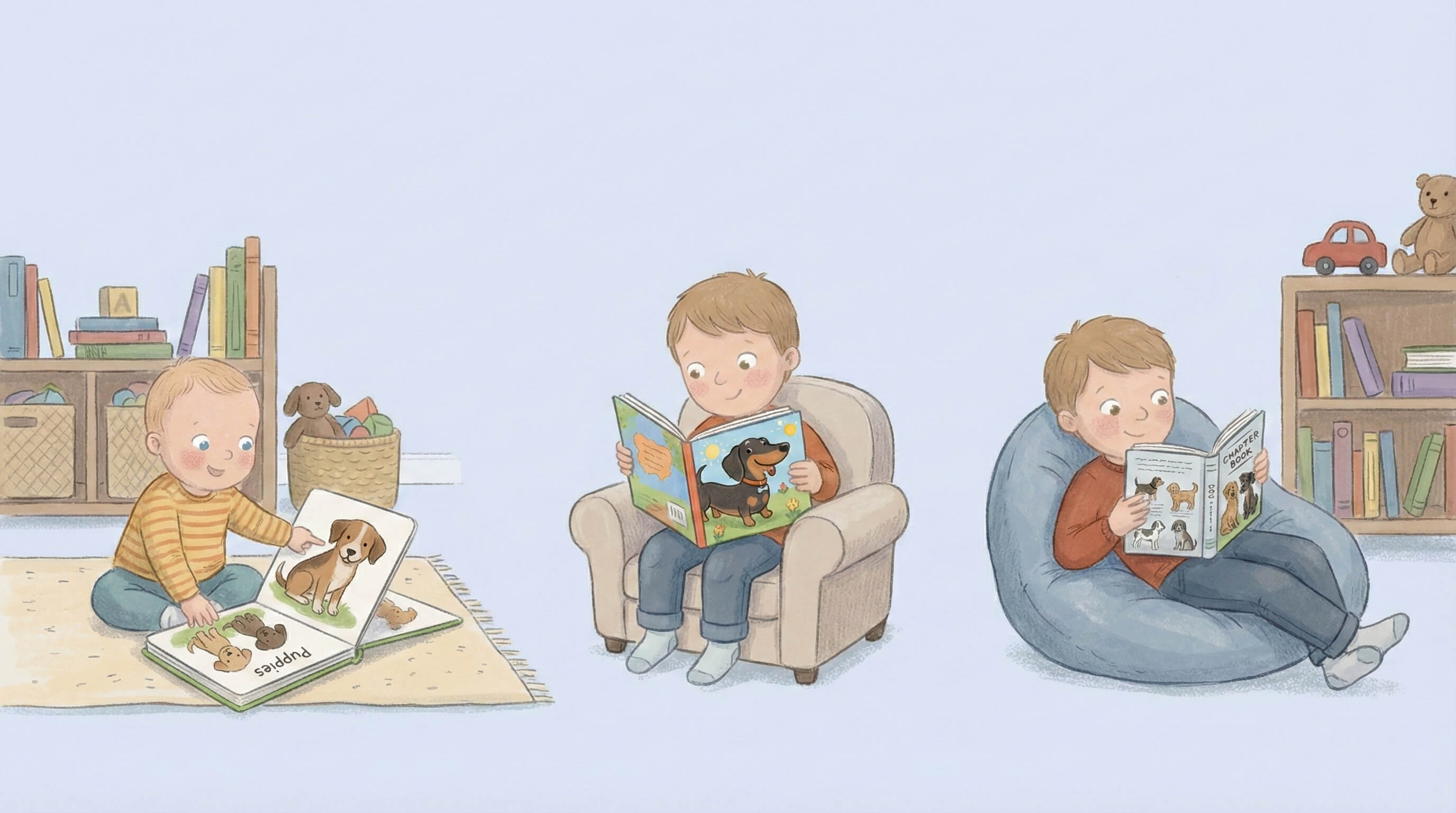 A baby, young child, and older child each reading age-appropriate dog books